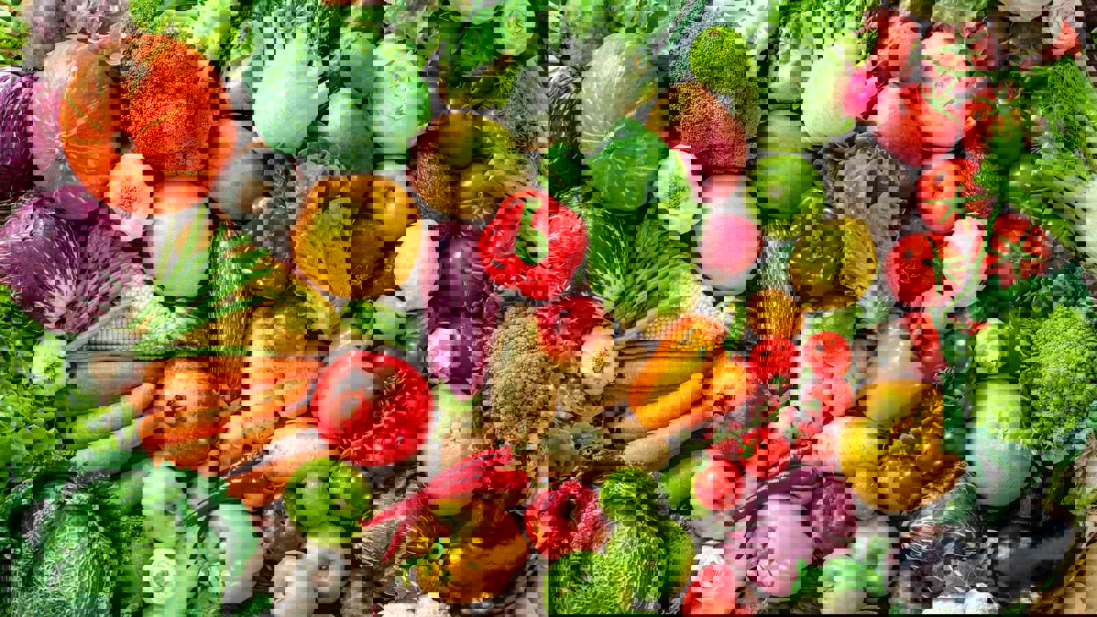 Selection of brightly coloured, fresh fruit and vegetables