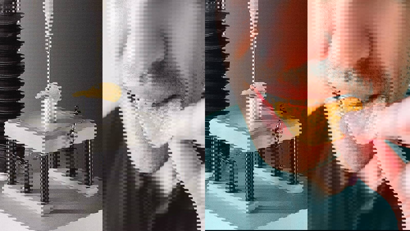 Image pairing of Crisp Fracture Support Rig and man biting into a crisp