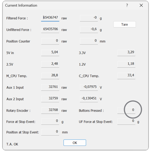 Screenshot showing buttons not working on front of Texture Analyser