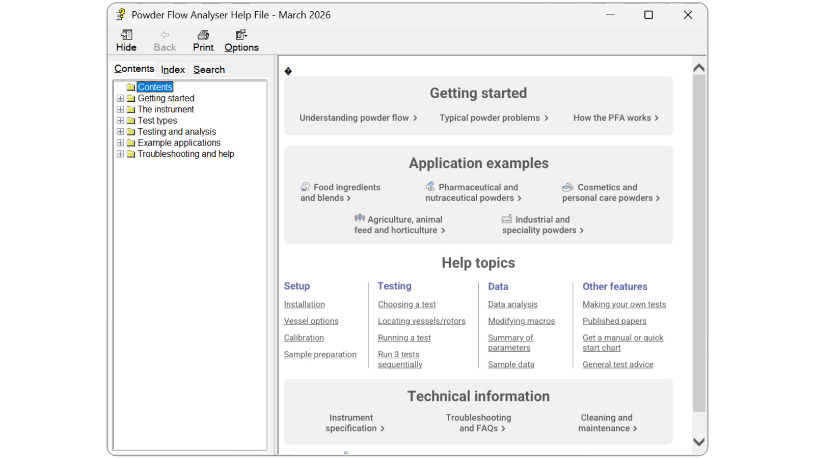 Exponent Connect Powder Flow Analysis help files screenshot