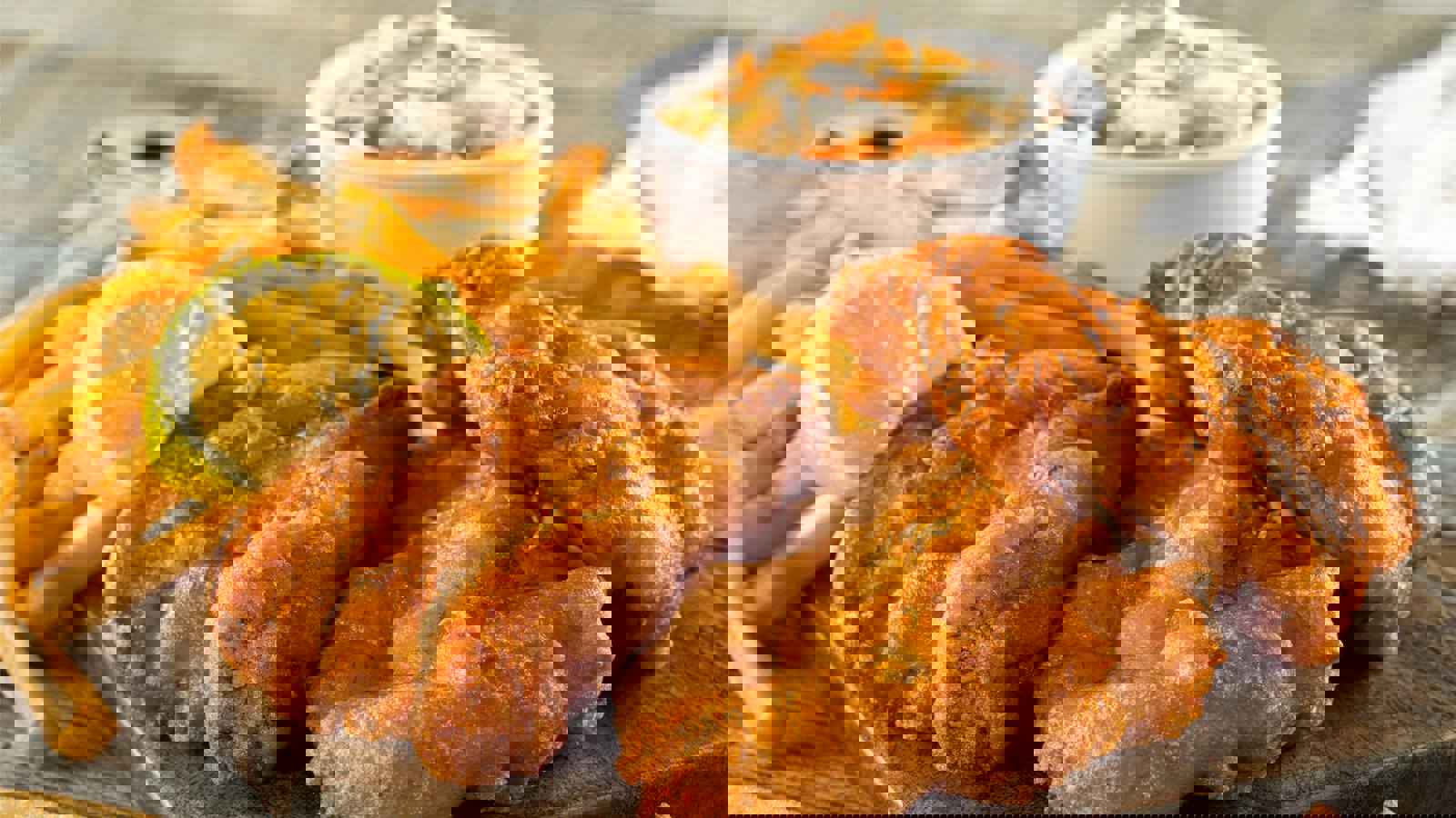 Crispy battered fish and chips with lemon wedge