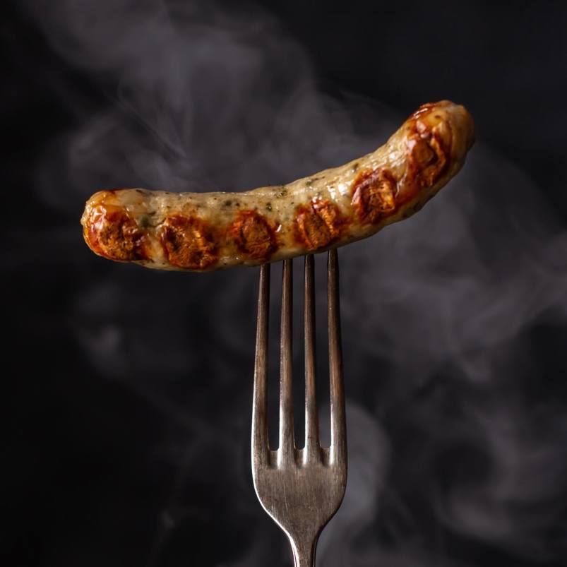Cooked sausage pierced with fork