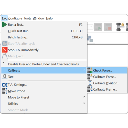 Screenshot showing how to calibrate and check force in Exponent Connect