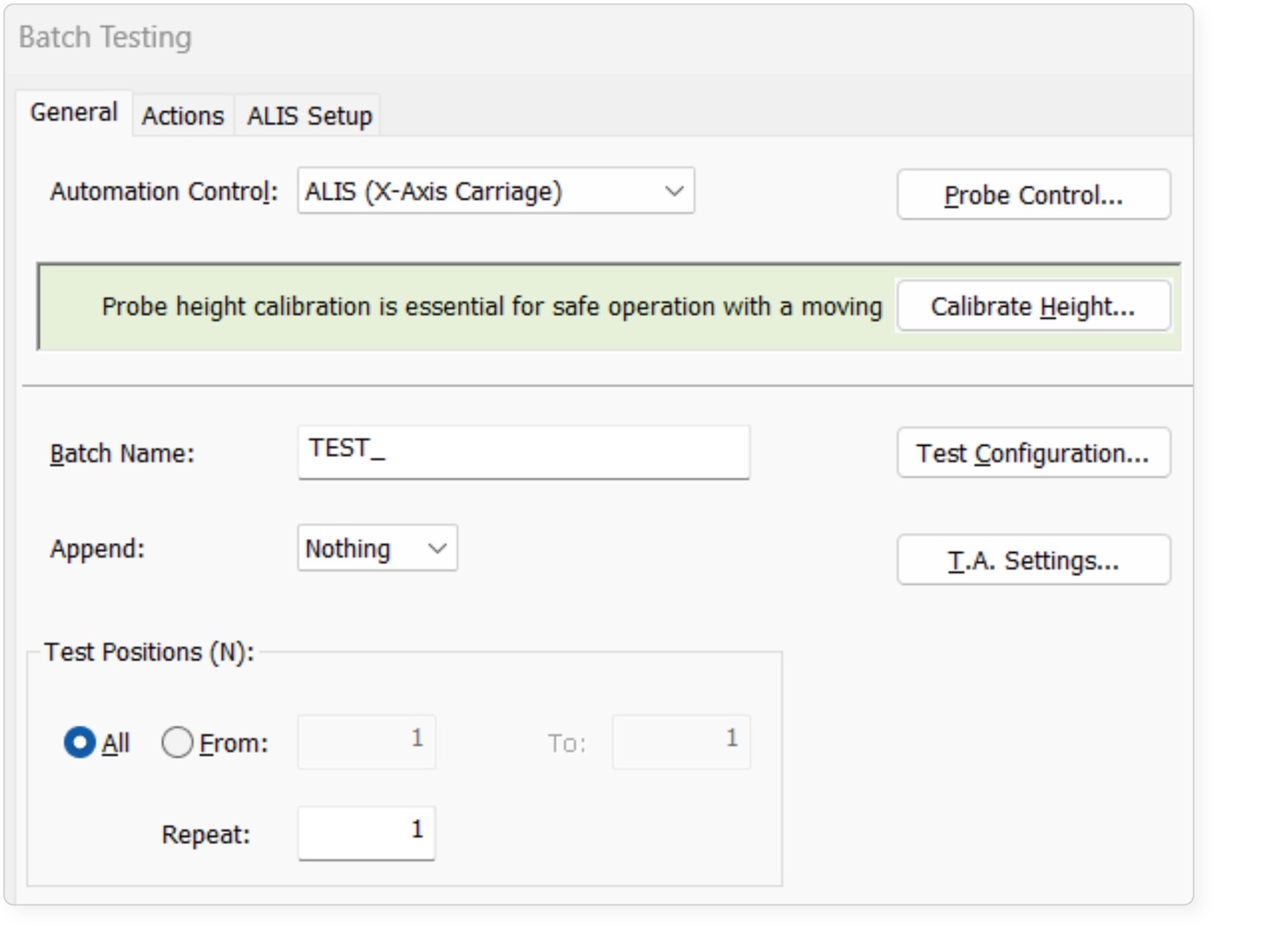 Screenshot of Exponent Connect software – Batch Testing selection
