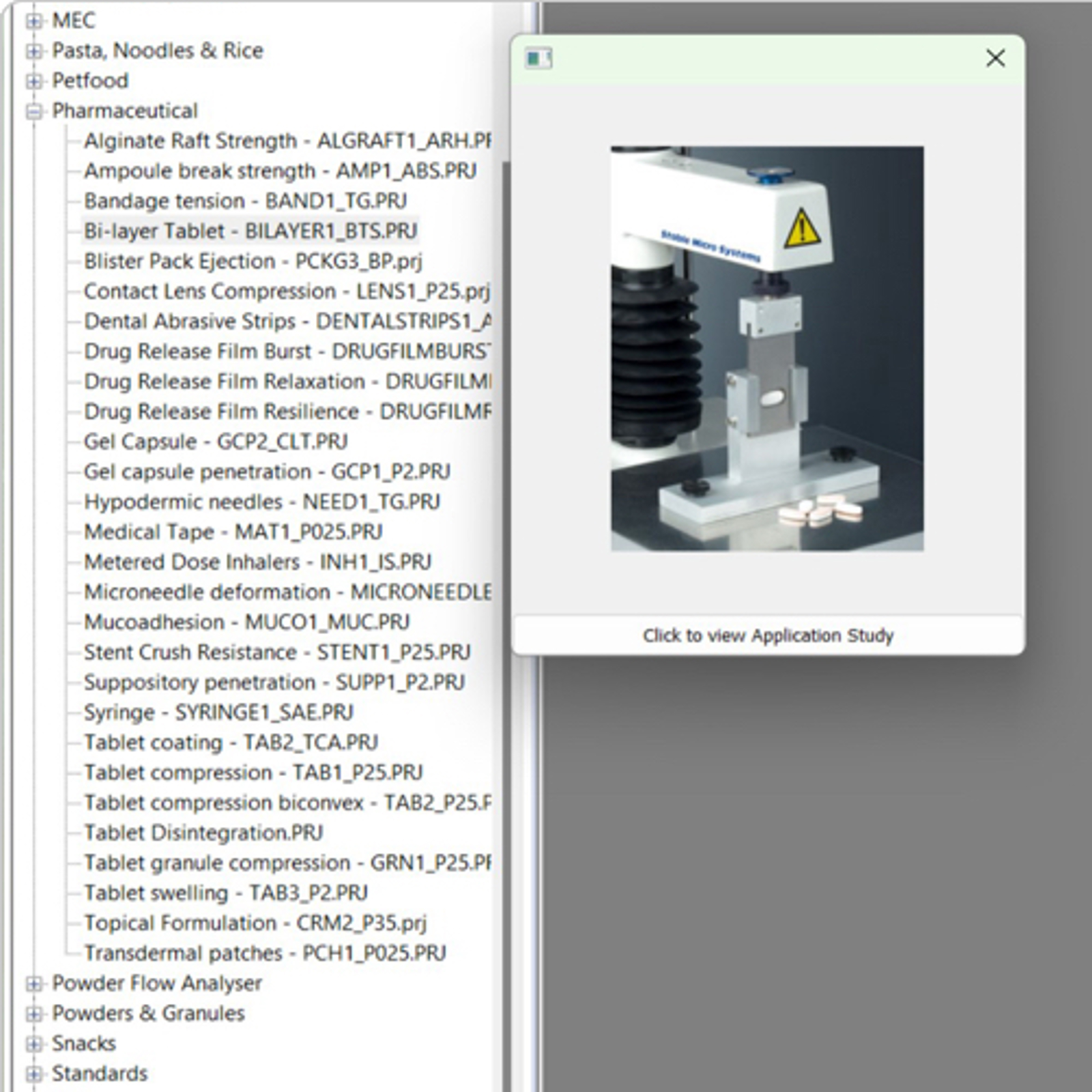 Screenshot of test projects in Exponent Connect software