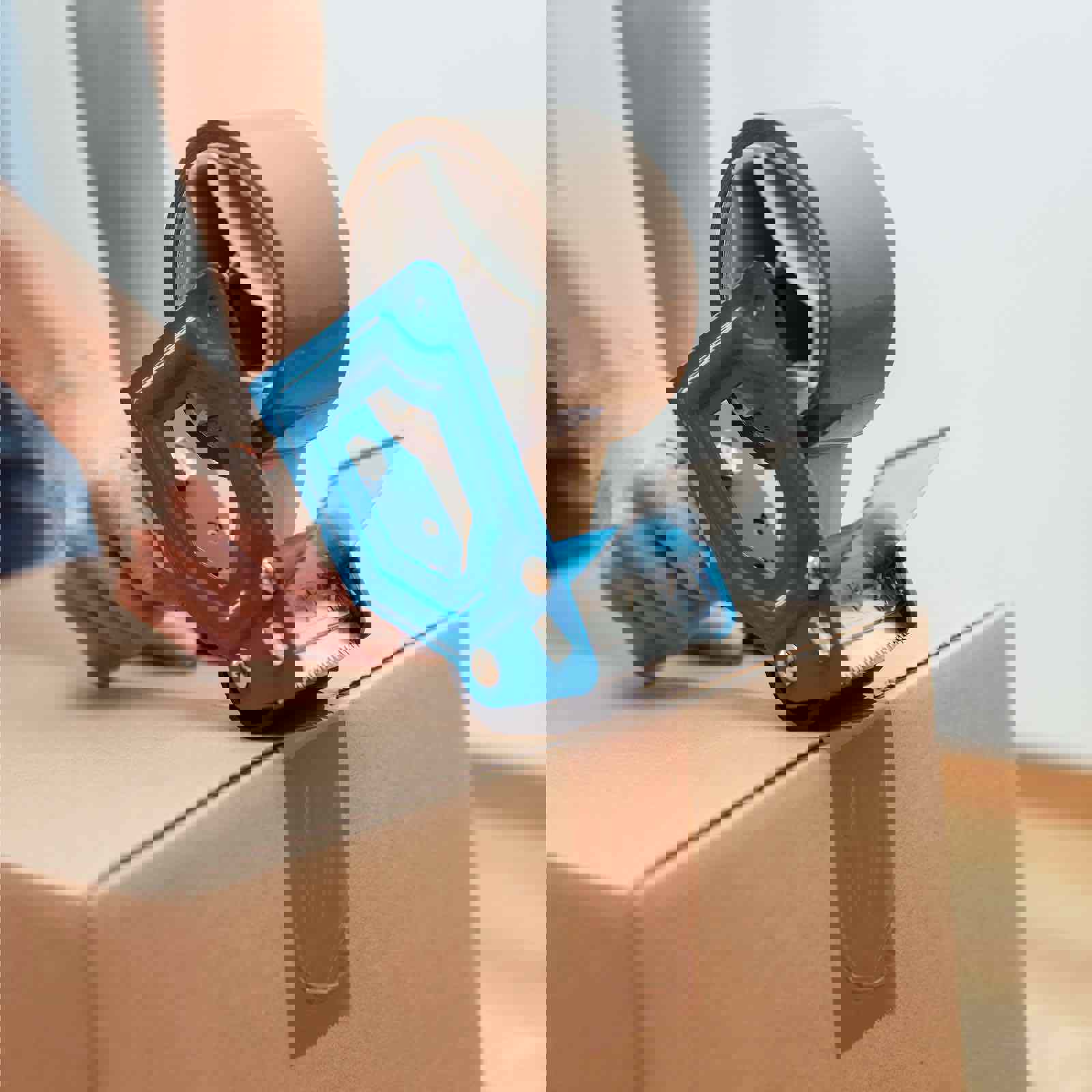 Person using a tape dispenser to apply tape to a box