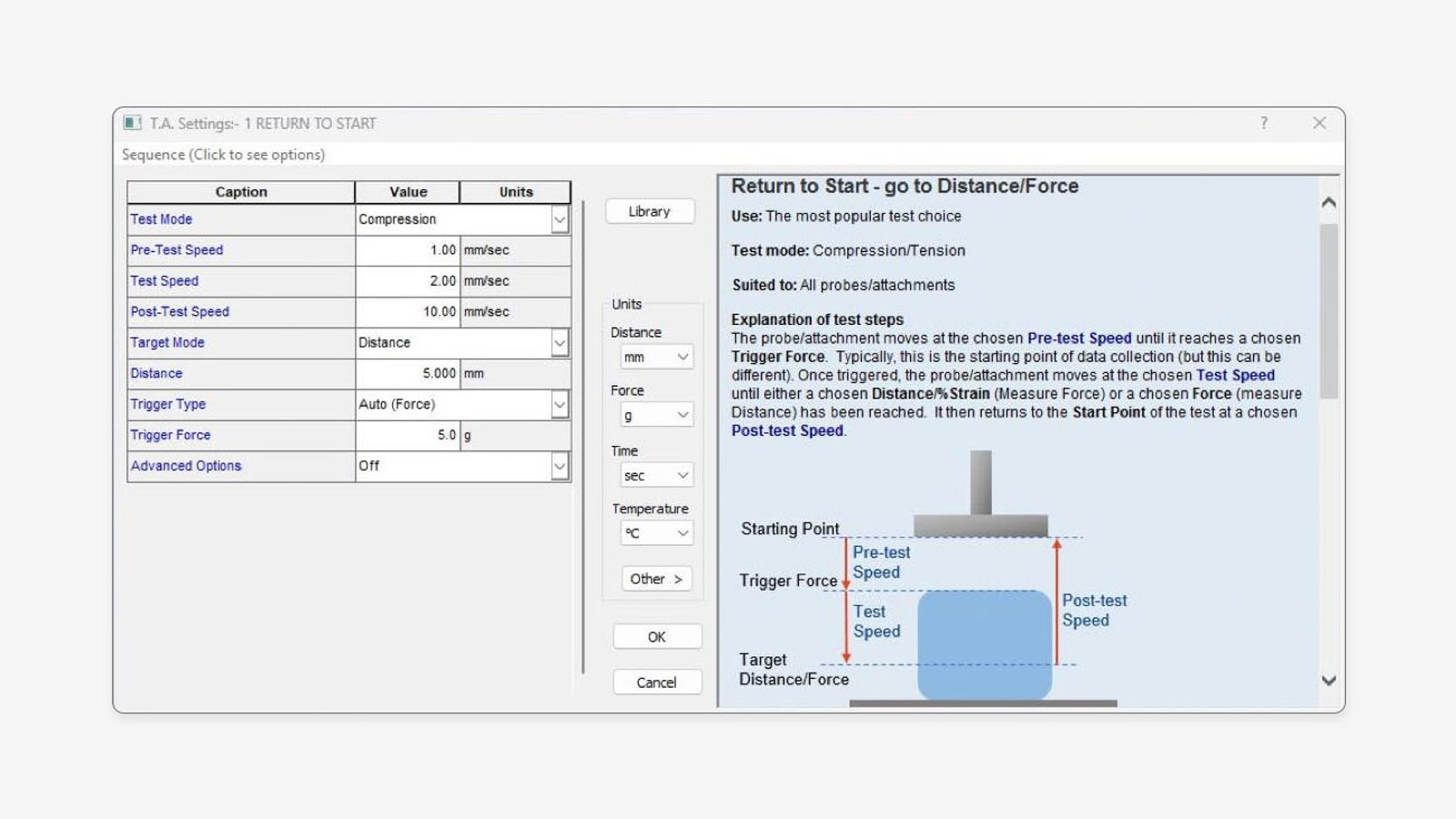 Screenshot of a Return to Start test – go to Distance/Force