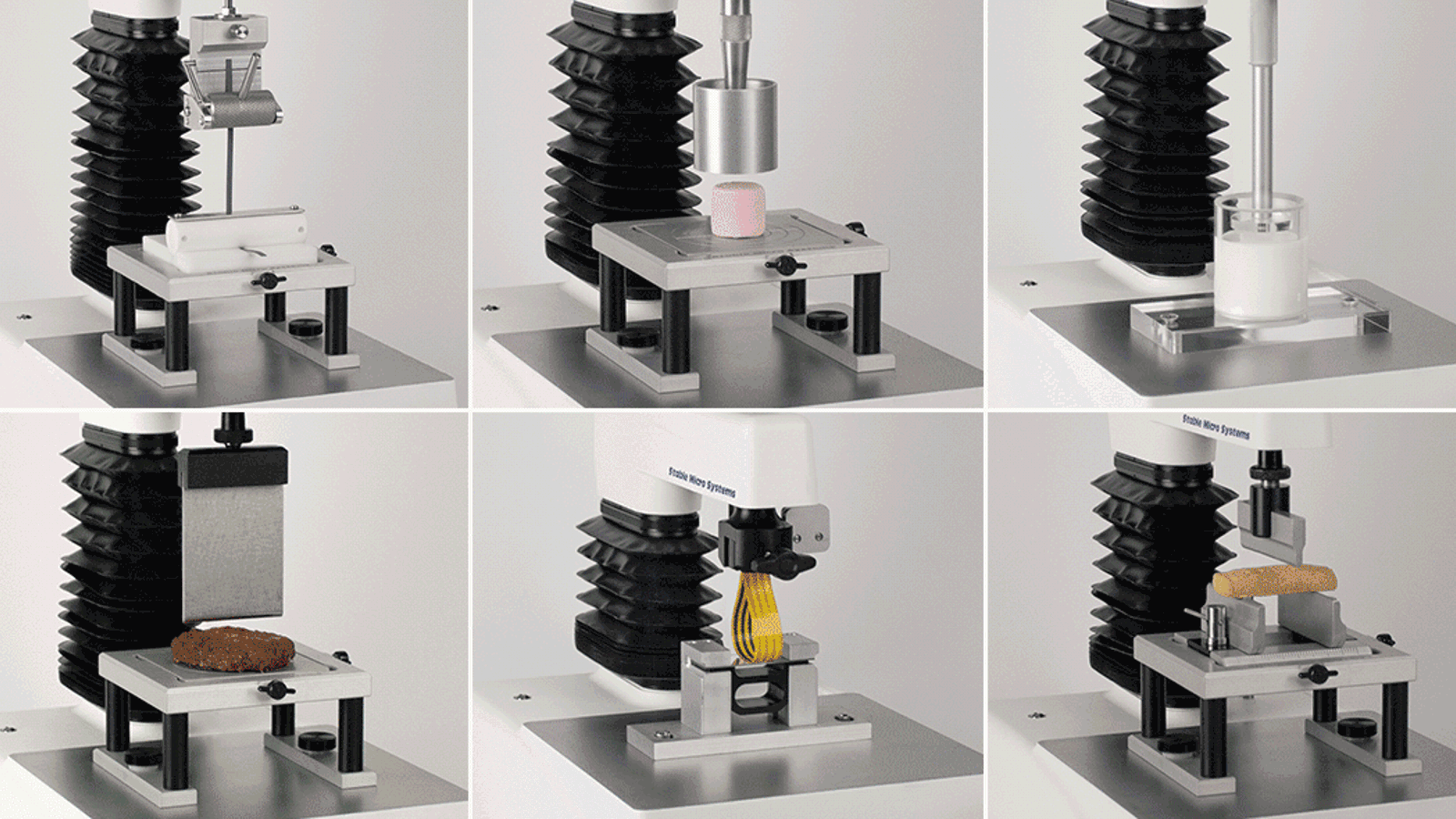 Animation of the different types of attachments available to use with your Texture Analyser