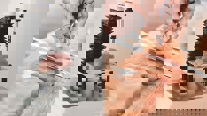 Image Pairing A MORS Meullenet Owens Razor Shear Blade And Slicing Raw Chicken Breast